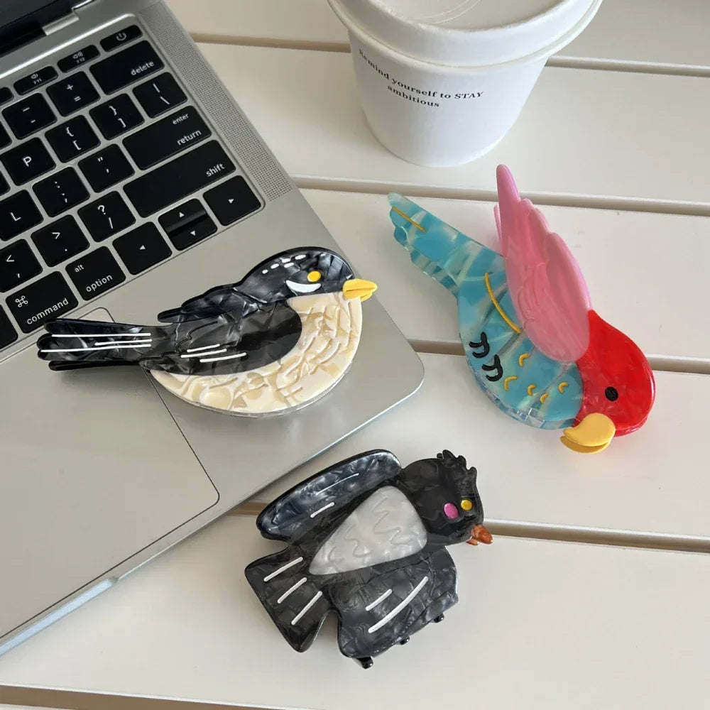 Artistic Bird Acetate Hair Claw Clip - 4.5 Inch Tropical Parrot & Magpie Styles - TEVQA