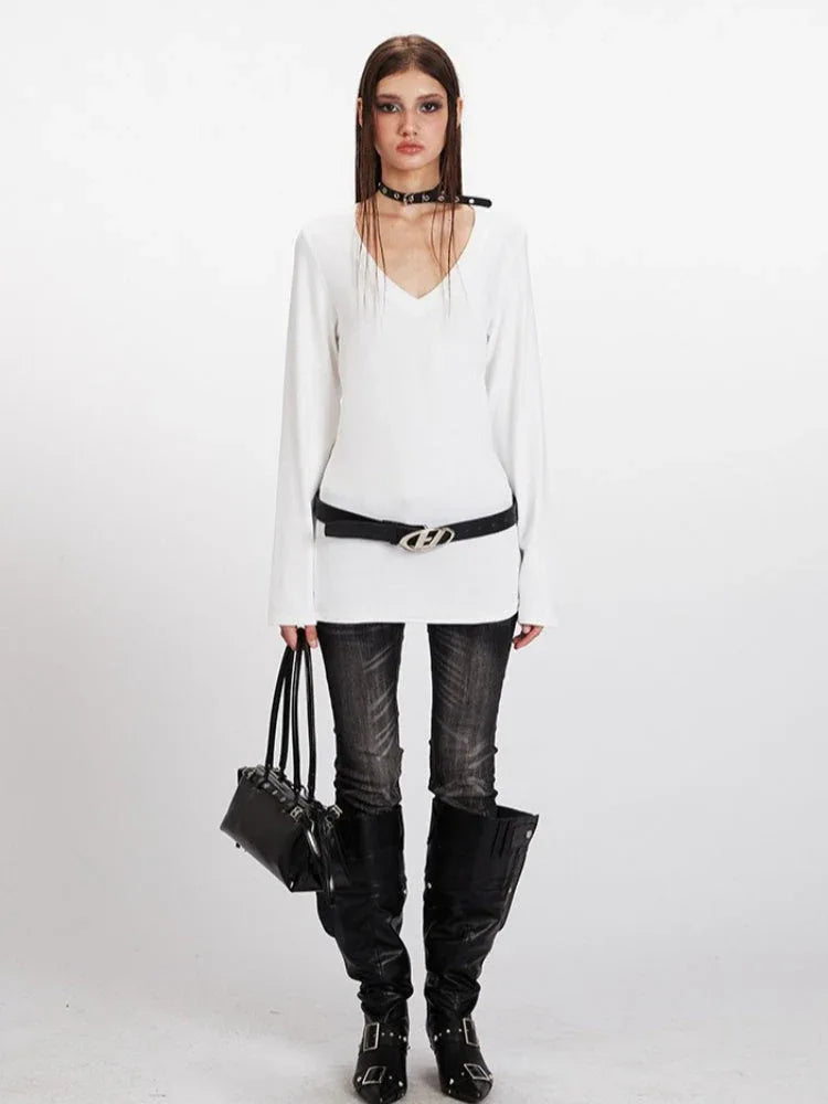 90s Minimalist Longline V-Neck Tee - TEVQA