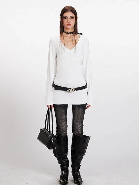 90s Minimalist Longline V-Neck Tee - TEVQA
