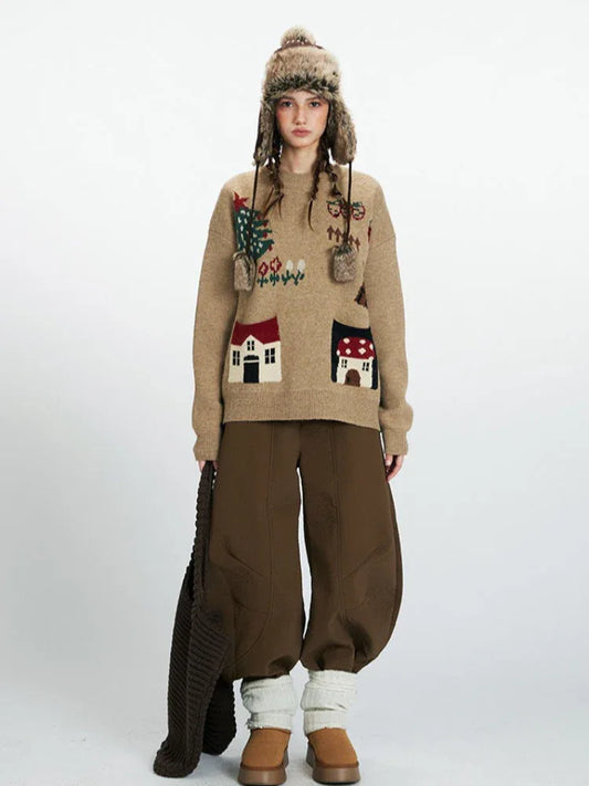 Whimsical Holiday House Pocket Sweater - TEVQA