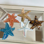 Collection of five starfish hair clips in various colors (orange, yellow, brown, blue, white) arranged on a glass surface