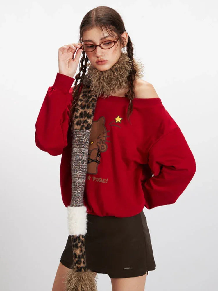 Y2K "Strike A Pose" Leopard Kitty Off-Shoulder Sweatshirt - TEVQA