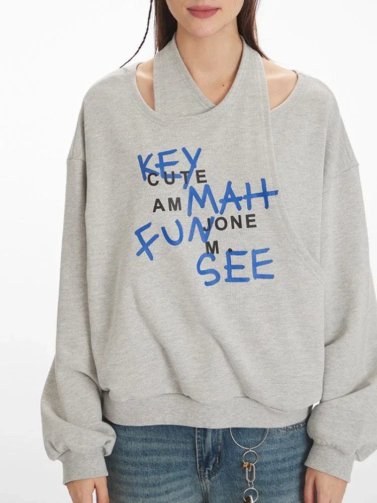 Graphic off-shoulder sweatshirt with halter neck detail - View 6 | TEVQA