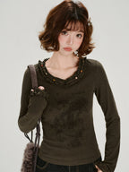Vintage V-Neck Ruffle Print Long Sleeve Olive