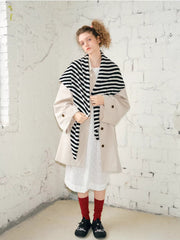 100% Wool Striped Triangle Scarf Shawl Black White