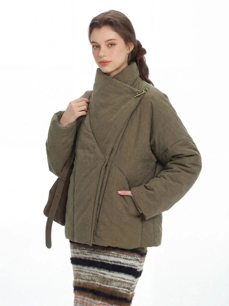 Vintage Olive Asymmetric Stand Collar Padded Jacket - TEVQA