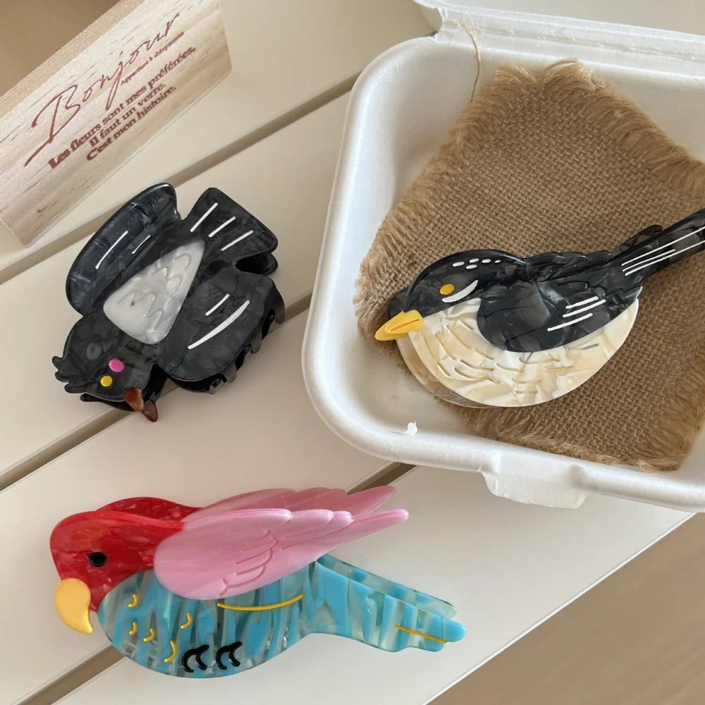 Artistic Bird Acetate Hair Claw Clip - 4.5 Inch Tropical Parrot & Magpie Styles