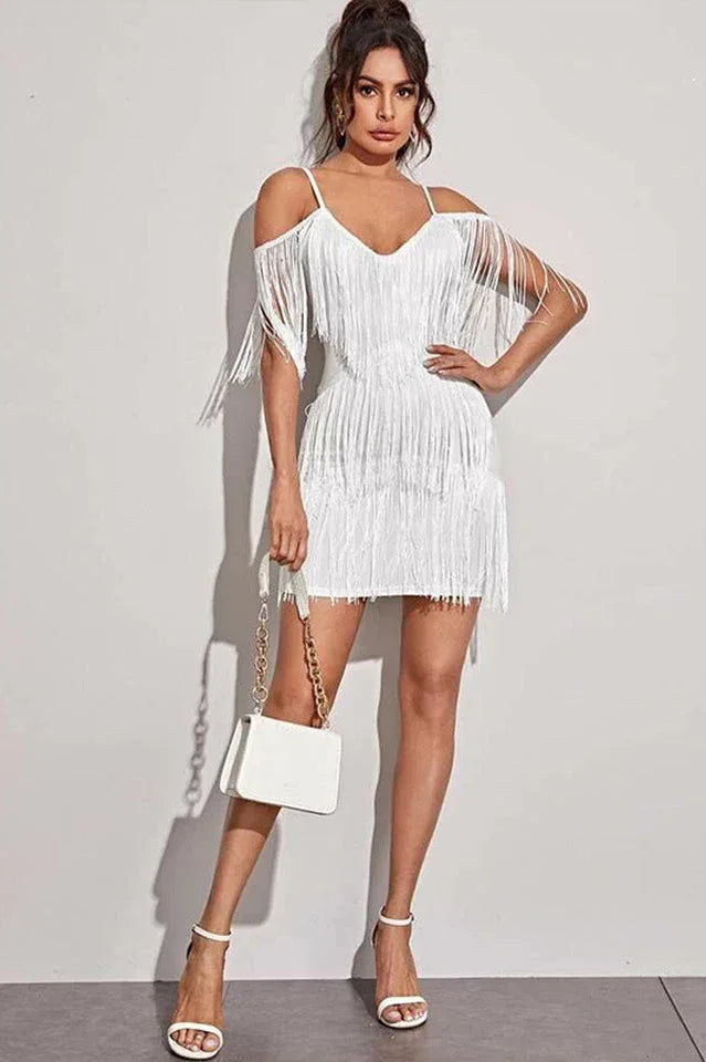 Pora Mini Halter Dress with Tassels - TEVQA