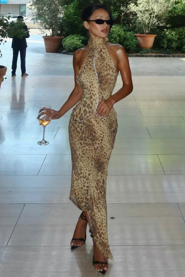 Leopard print maxi dress with halter neck - View 7 | TEVQA