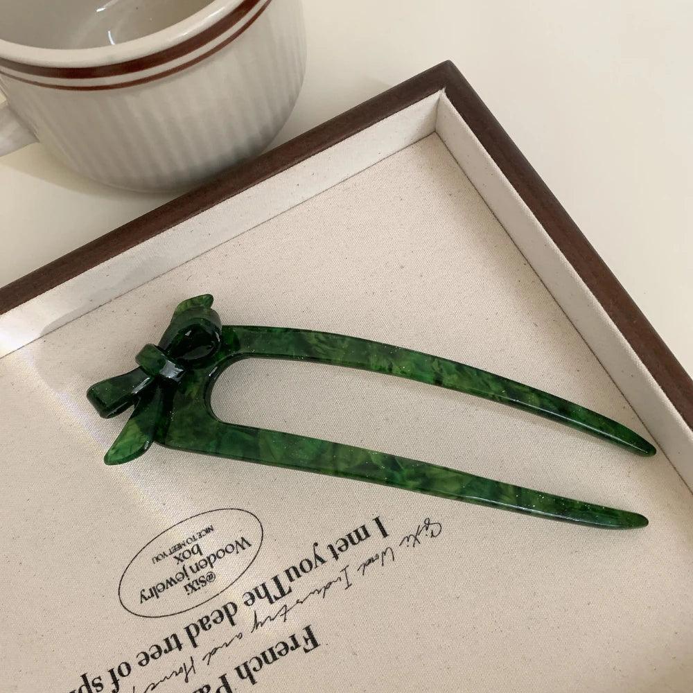French Acetate U-Shape Hair Fork with Bow - View 8 | TEVQA
