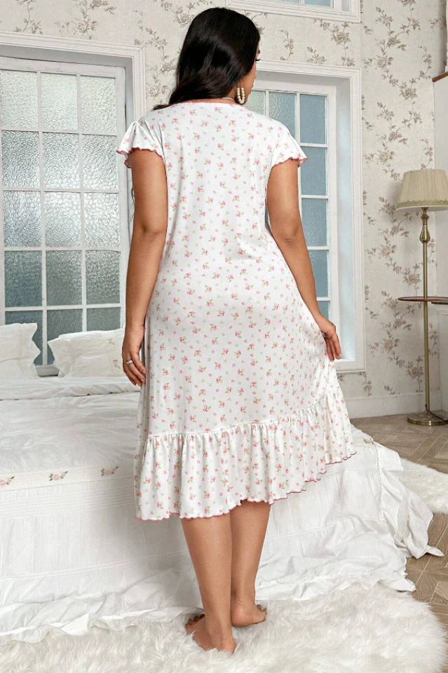 Plus Size White Floral Nightgown with Pink Bow & Ruffle Hem, Short Sleeve Midi Sleep Dress - Sweet Loungewear