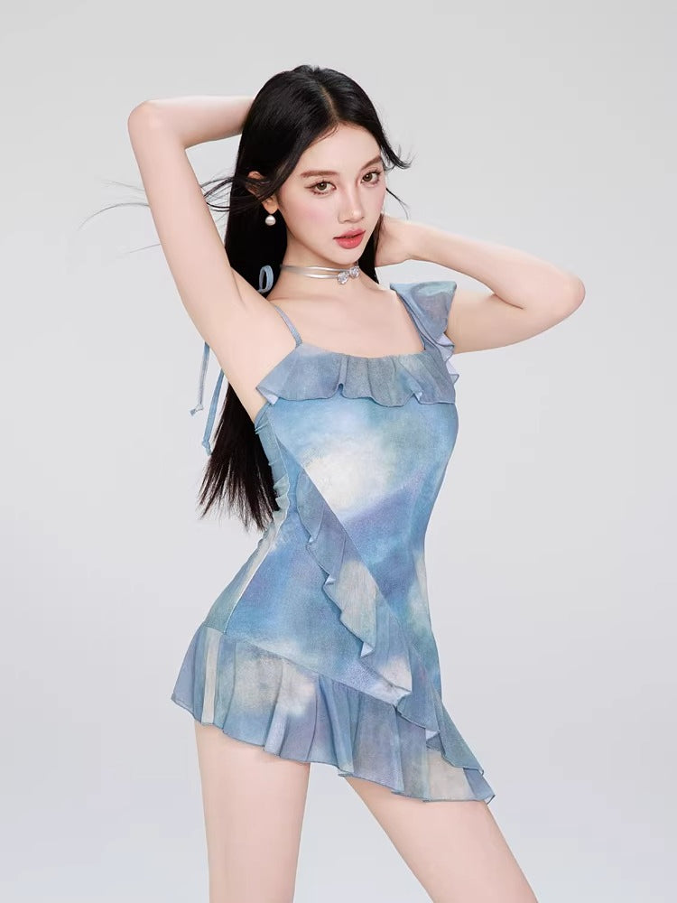 Blue Tie-Dye Asymmetrical Ruffle Swimsuit