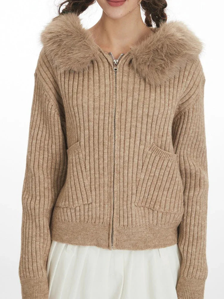 Oatmeal Faux Fur Hooded Cardigan - View 6 | TEVQA