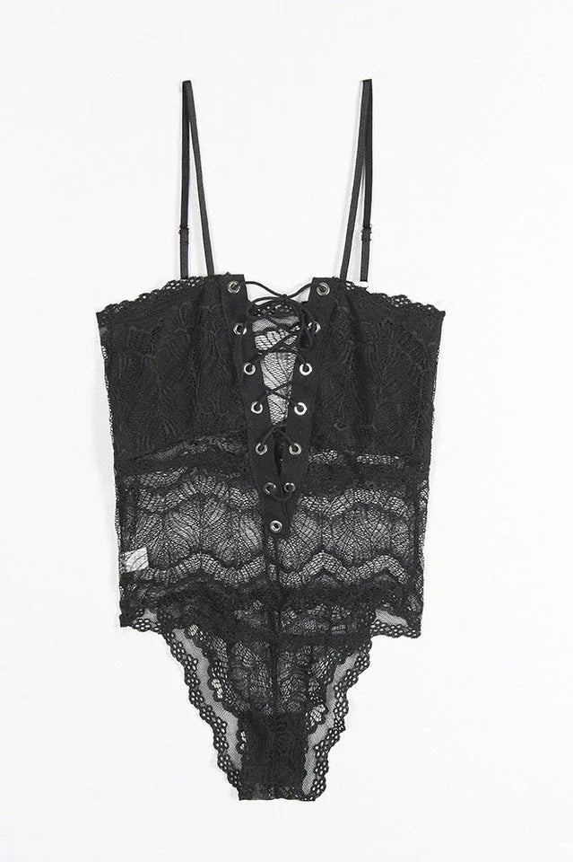 Lace Bodysuit with Front Lace-Up Detail - View 10 | TEVQA