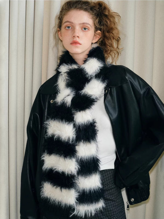 Black White Striped Faux Fur Knit Scarf
