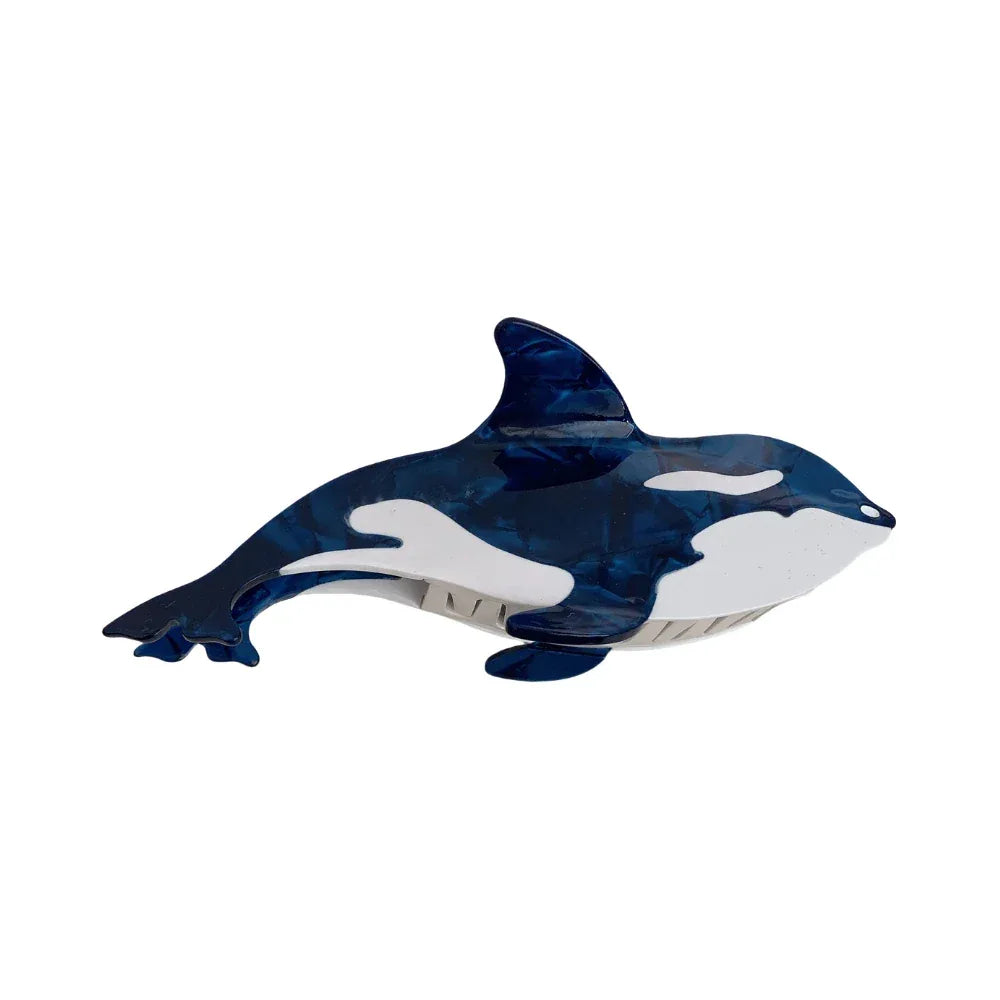 A blue and white acrylic orca whale hair claw clip against a white background.