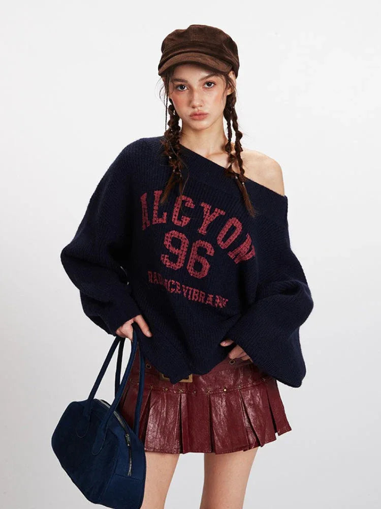 Vintage Collegiate Navy Off-Shoulder Graphic Sweater - TEVQA
