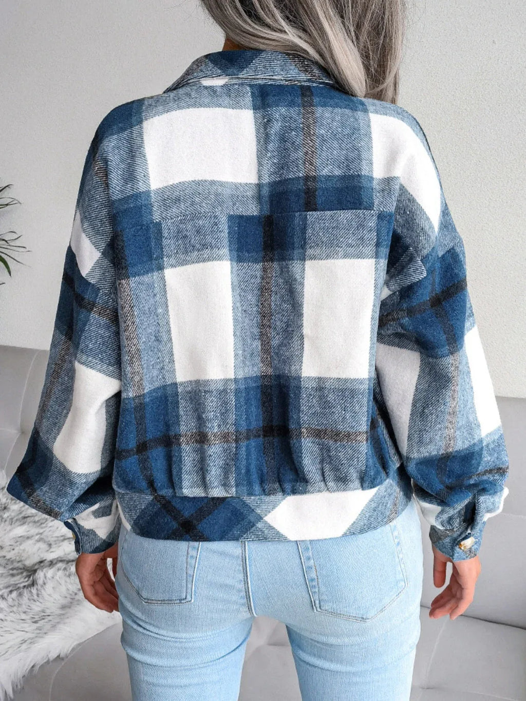 Plaid wool blend cropped shacket with lantern sleeves - View 25 | TEVQA