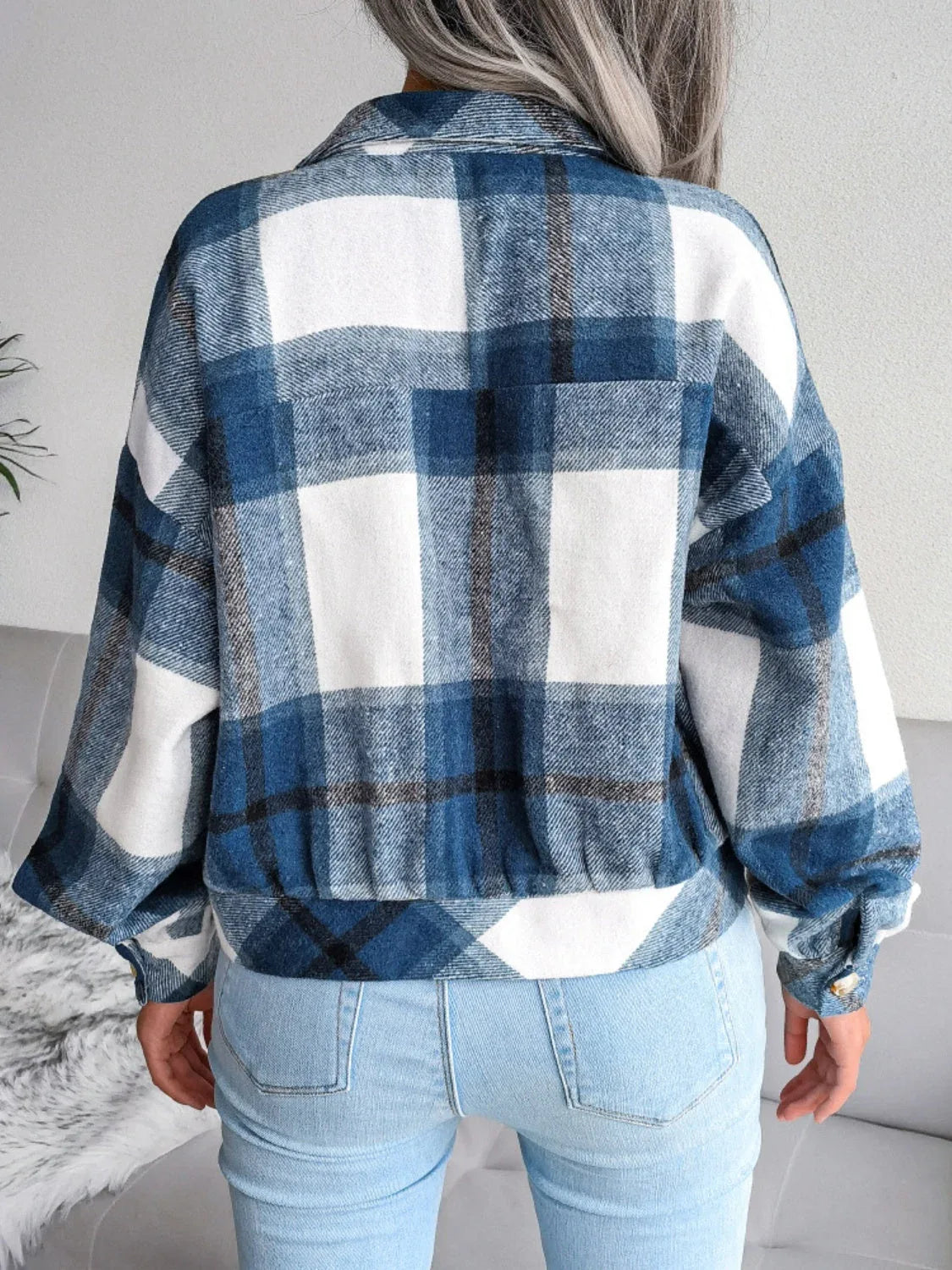 Plaid wool blend cropped shacket with lantern sleeves - View 25 | TEVQA