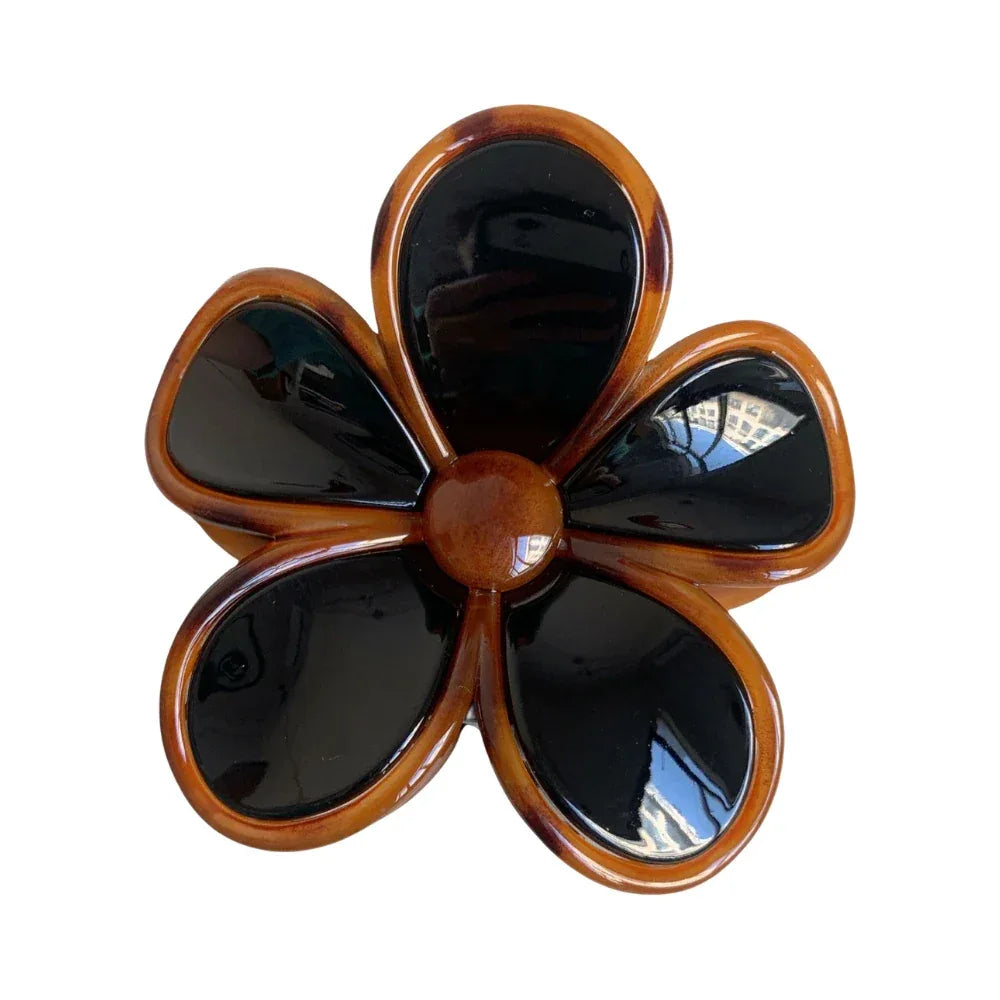 Tortoise Trim Floral Hair Claw Clip - Retro 60s Flower Accessory - TEVQA