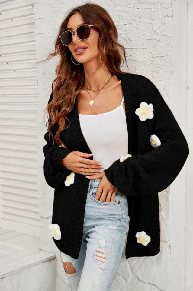 Camel 3D Floral Lantern Sleeve Cardigan - View 27 | TEVQA