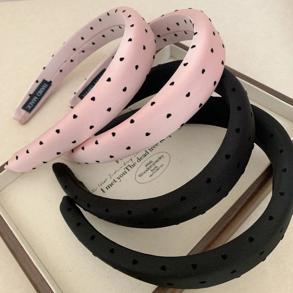 Satin Padded Headband with Mini Heart Print - 1.2 Inch