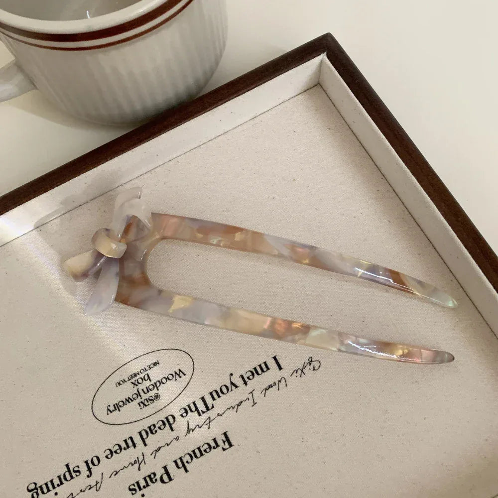 French Acetate Bow U-Shape Hair Pin (5.5 Inch) - TEVQA