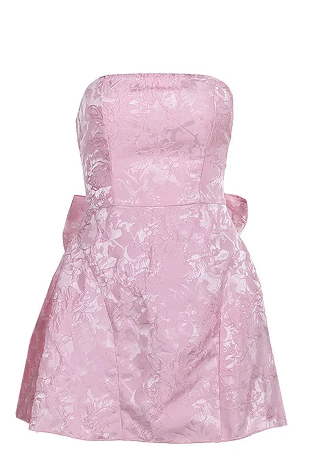 Jacquard Print Tube Back Bow Mini Dress - View 11 | TEVQA