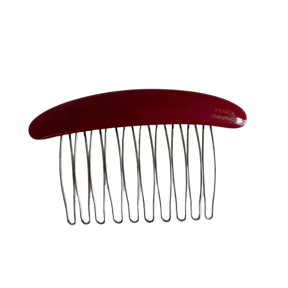 A single dark red hair comb with a curved acetate barrette and metal teeth, labeled 'FRANCE Handmade'. Main image