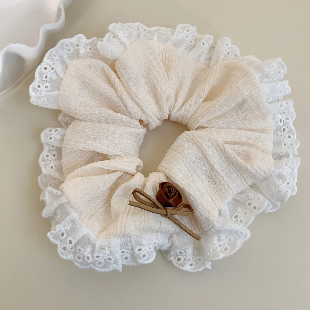 Oversized Lace Trim Coquette Scrunchie with Rosebud