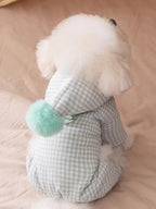 Rear view of a fluffy white dog in a light green gingham dog coat with a mint green pom-pom.