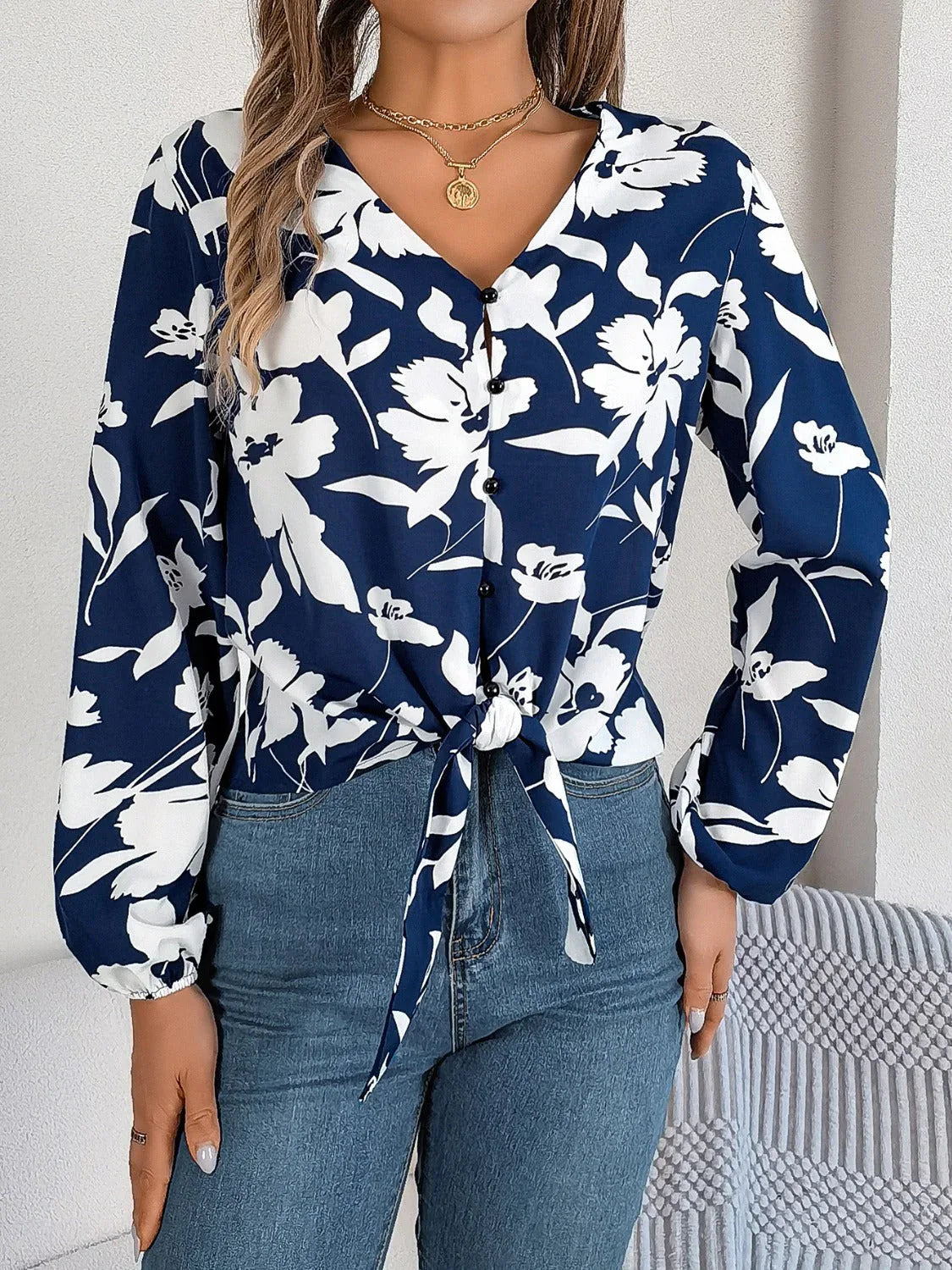 Monochrome floral tie-front blouse - View 12 | TEVQA