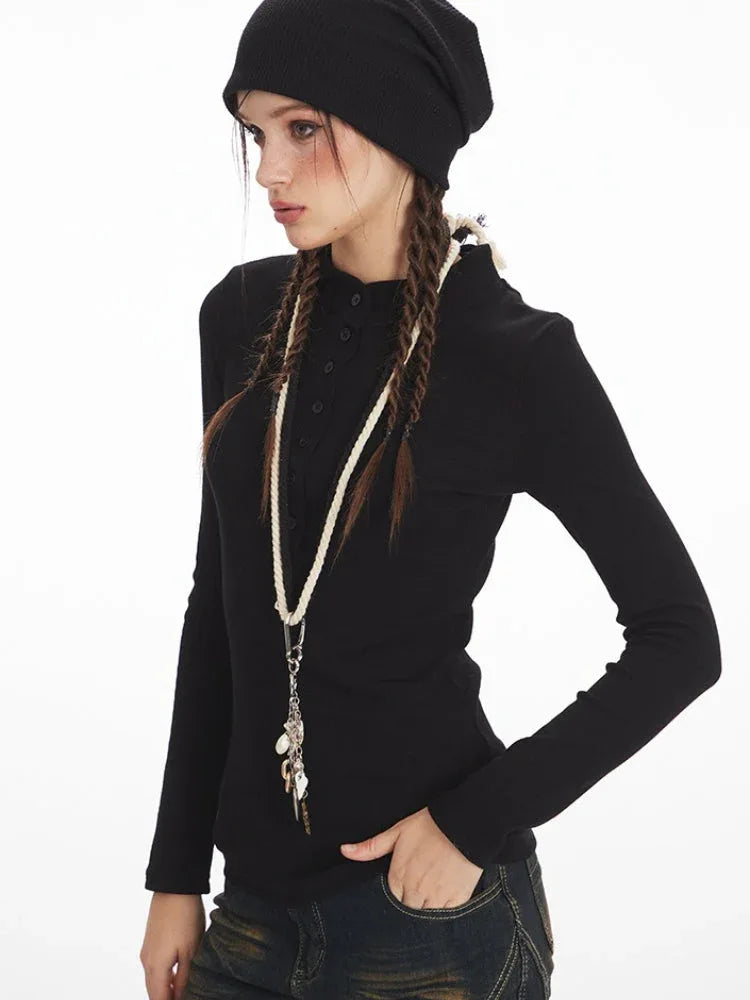 Y2K Essential Ribbed Henley Long Sleeve Top - TEVQA