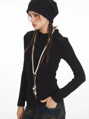 Y2K Essential Ribbed Henley Long Sleeve Top - TEVQA