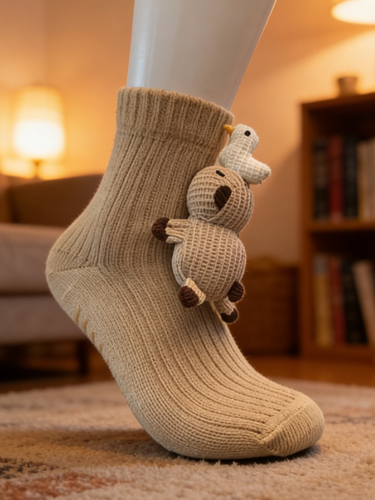 3D Crochet Capybara & Bird Grip Socks Beige