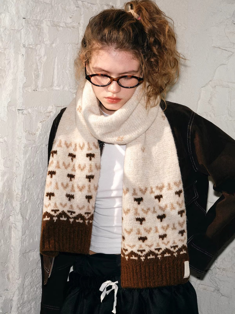 Vintage Fair Isle Wool Blend Scarf Beige Brown