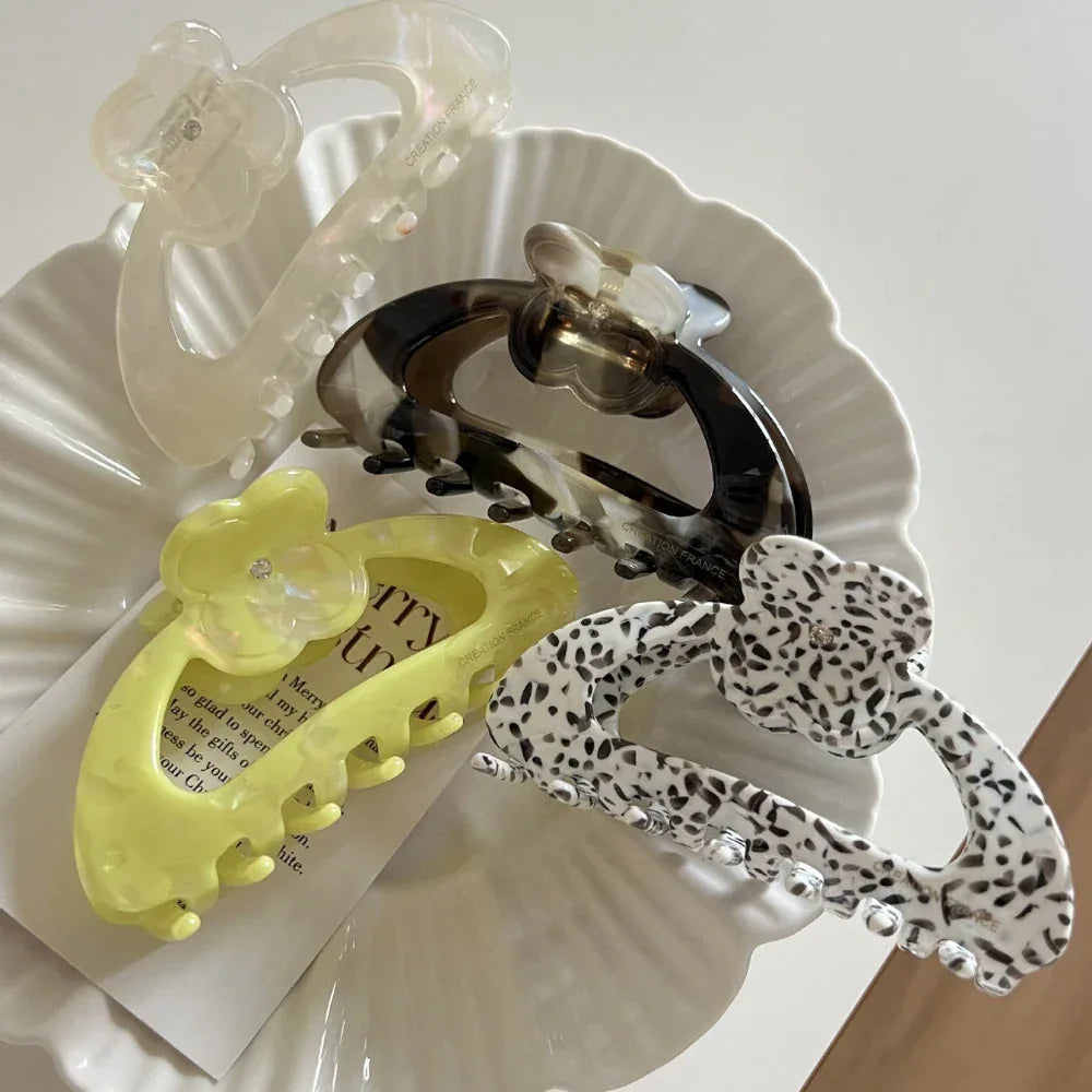 Acetate Arch Hair Claw Clip with Dainty Flower - 3.3 Inch - TEVQA