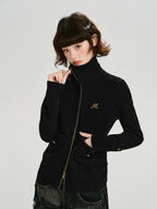 Vintage Stand Collar Zip-Up Sweatshirt with Pockets - Black
