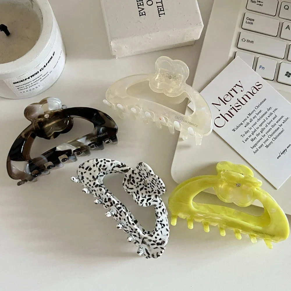Acetate Arch Hair Claw Clip with Dainty Flower - 3.3 Inch - TEVQA