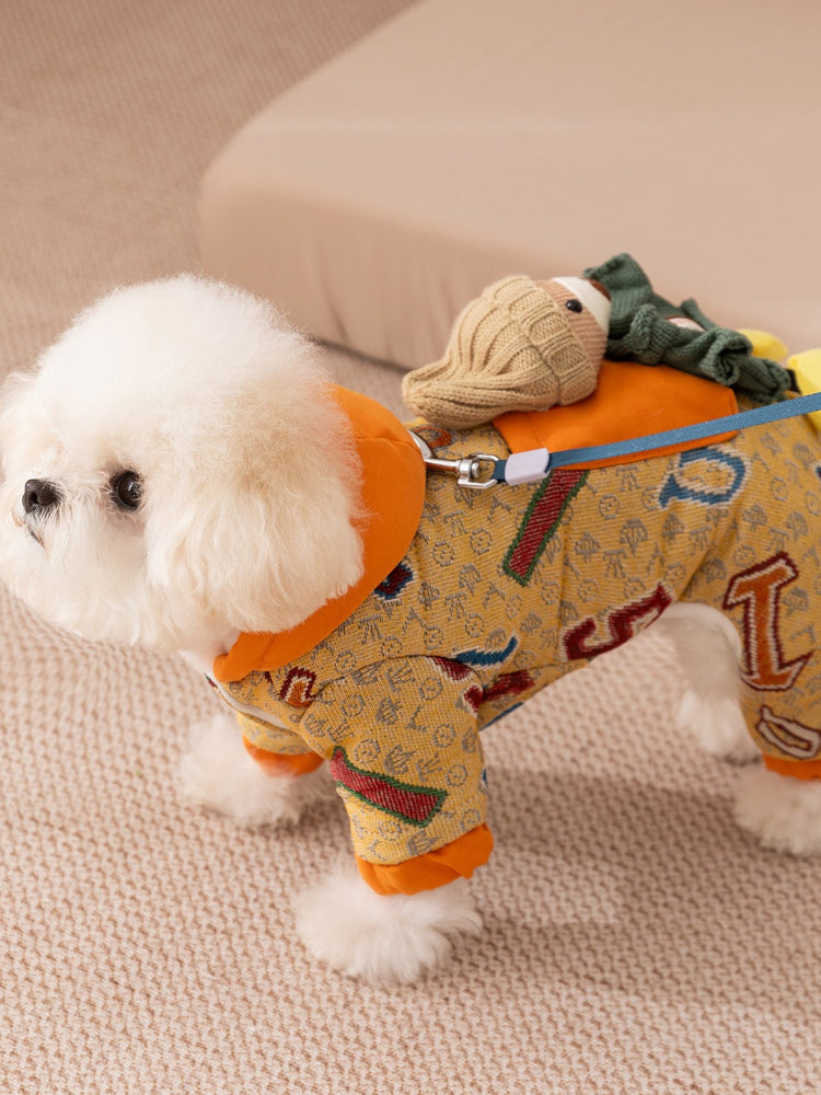 Yellow Graffiti Hooded Pet Jumpsuit with 3D Bear Doll