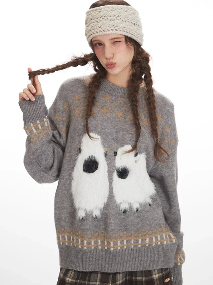 Whimsical Fluffy Yak Graphic Sweater - TEVQA