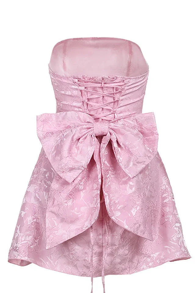 Jacquard Print Tube Back Bow Mini Dress - View 12 | TEVQA