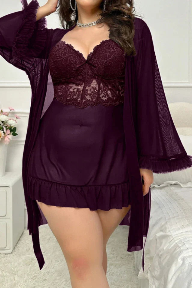Plus Size Plum Mesh Robe & Lace Chemise Set, 2-Piece Peignoir Sleepwear - Sexy Lingerie