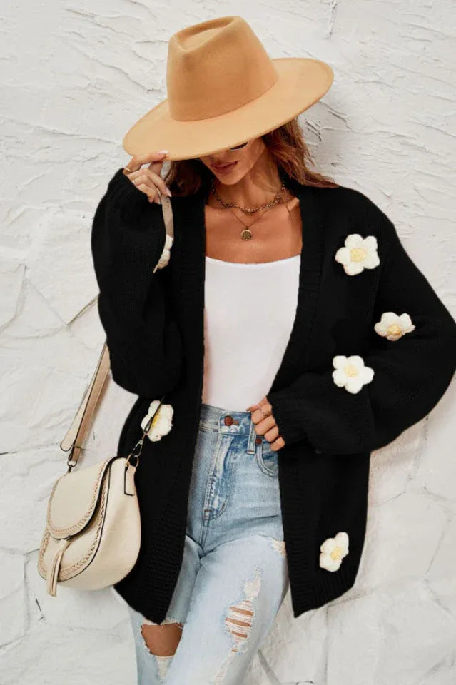 Camel 3D Floral Lantern Sleeve Cardigan - View 22 | TEVQA