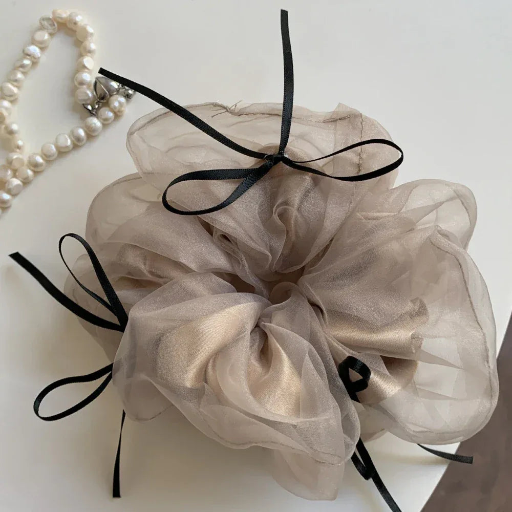 Oversized organza scrunchie with ribbon bows in black - View 8 | TEVQA