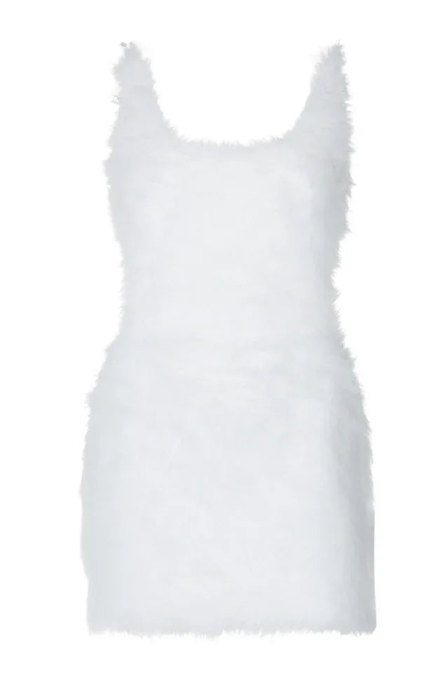White fluffy mini dress on a white background.