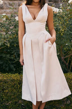 Fitted Satin Midi Dress with V-Neckline - View 8 | TEVQA