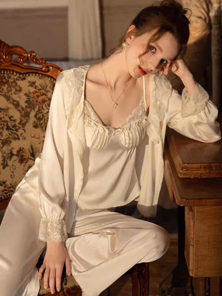 Lace Trim Satin 3-Piece Pajama Set - TEVQA