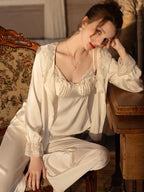 Lace Trim Satin 3-Piece Pajama Set - TEVQA