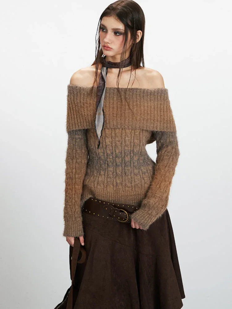 Y2K Mocha Ombre Off-Shoulder Fuzzy Knit Sweater - TEVQA
